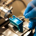 person in blue long sleeve shirt holding gray and blue metal tool